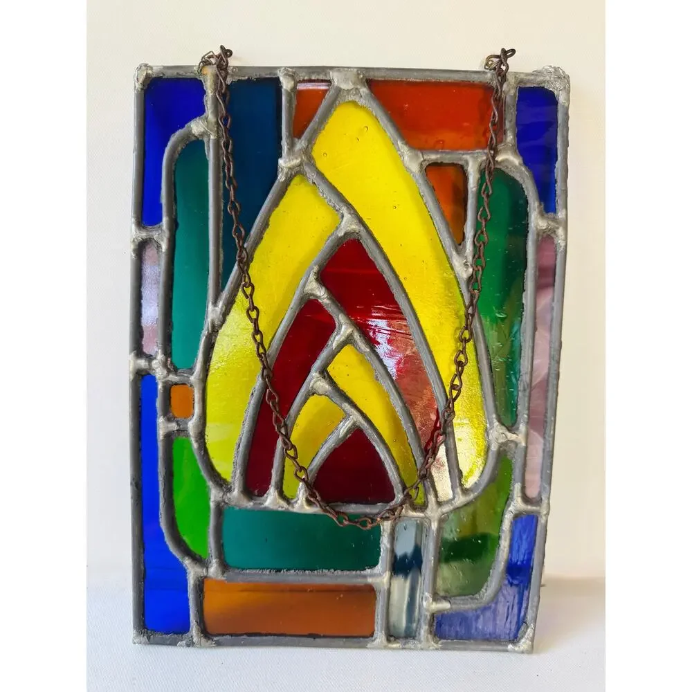 Vintage Leaded Stained Glass Window Panel Art Deco Style Geometric Hanging